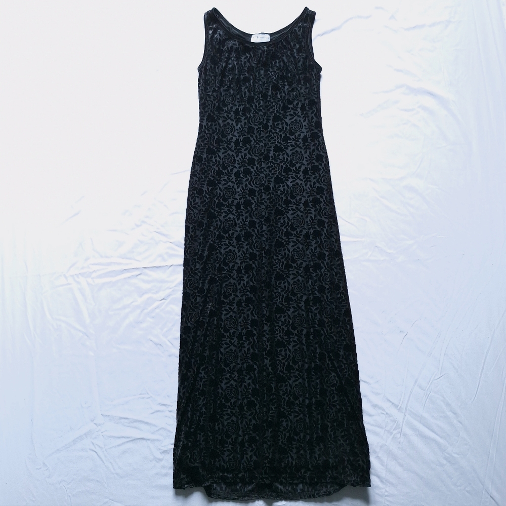 M Collection Vintage 90s Black Velvet Lace Floral Burnout Maxi Dress, Medium